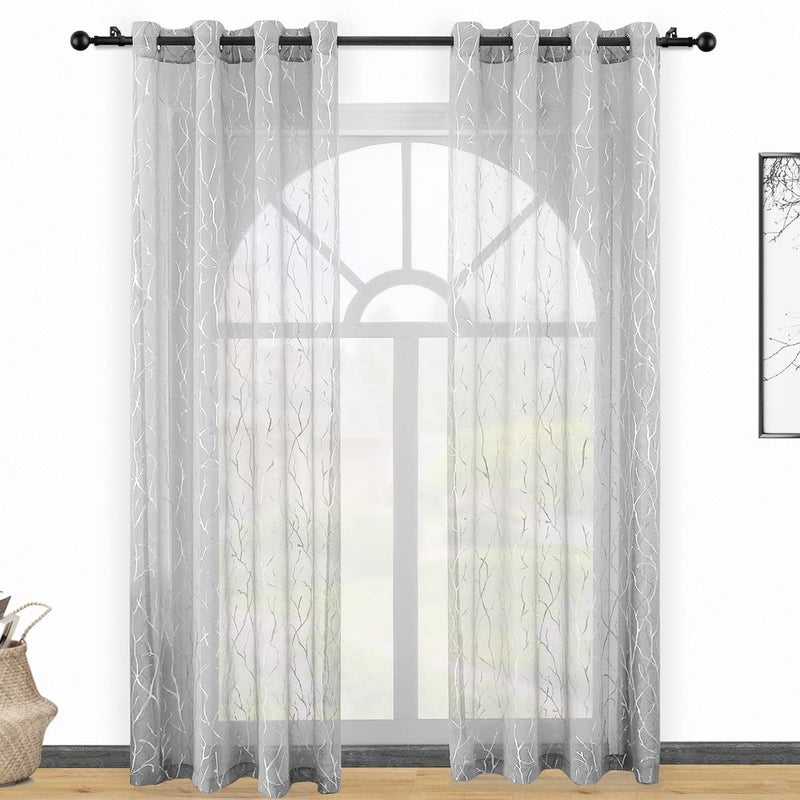 Kotile Silver Grey Sheer Curtains 2 Panels Set Grommet Top Metallic Silver Foil Branch Pattern Light Filter & Privacy Voile Drapes 95 Inch Length for Living Room, 52 x 95 Inch, 2 Panels, Gray - Image 2